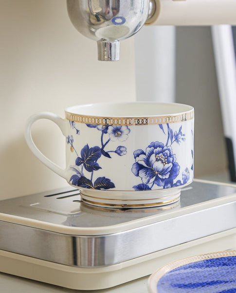 Elegant Blue Flower Ceramic Cups, Creative Bone China Porcelain Tea Cup Set, Unique Royal Coffee Cup and Saucer, Beautiful Flower British Tea Cups-Art Painting Canvas