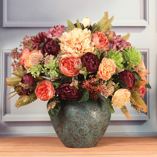 Large Bunch of Autumn Flowers Arrangement, Peony Faux Silk Floral Bouquet Table Centerpiece, Amazing Artificial Floral Arrangement for Dining Room-Art Painting Canvas