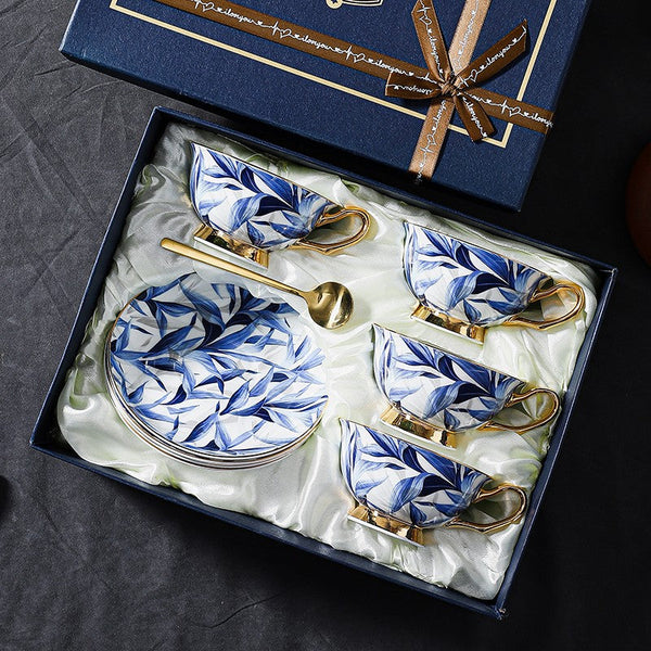 Unique British Tea Cup and Saucer in Gift Box, Blue Bone China Porcelain Tea Cup Set, Elegant British Ceramic Coffee Cups-Art Painting Canvas