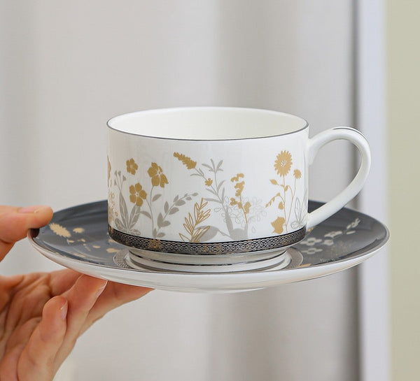 Elegant Flower Ceramic Cups, Beautiful Flower British Tea Cups, Creative Bone China Porcelain Tea Cup Set, Unique Royal Coffee Cup and Saucer-Art Painting Canvas