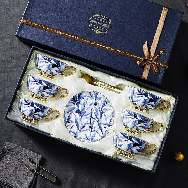 Unique British Tea Cup and Saucer in Gift Box, Blue Bone China Porcelain Tea Cup Set, Elegant British Ceramic Coffee Cups-Art Painting Canvas