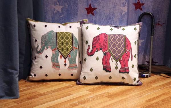 Elephant Embroider Cotton Pillow Covers, Farmhouse Decorative Sofa Pillows, Cotton Decorative Pillows, Decorative Throw Pillows for Couch-Art Painting Canvas