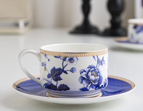 Elegant Blue Flower Ceramic Cups, Creative Bone China Porcelain Tea Cup Set, Unique Royal Coffee Cup and Saucer, Beautiful Flower British Tea Cups-Art Painting Canvas