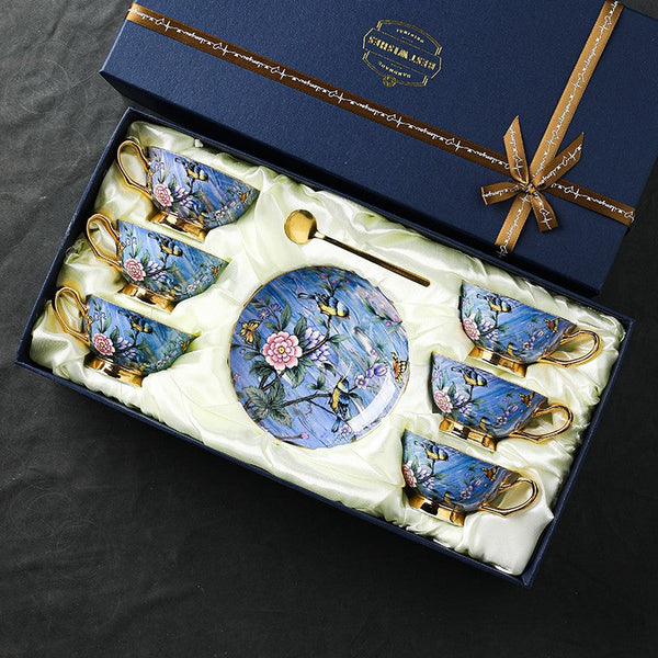 Unique British Tea Cup and Saucer in Gift Box, Blue Bird and Butterfly Bone China Porcelain Tea Cup Set, Elegant British Ceramic Coffee Cups-Art Painting Canvas