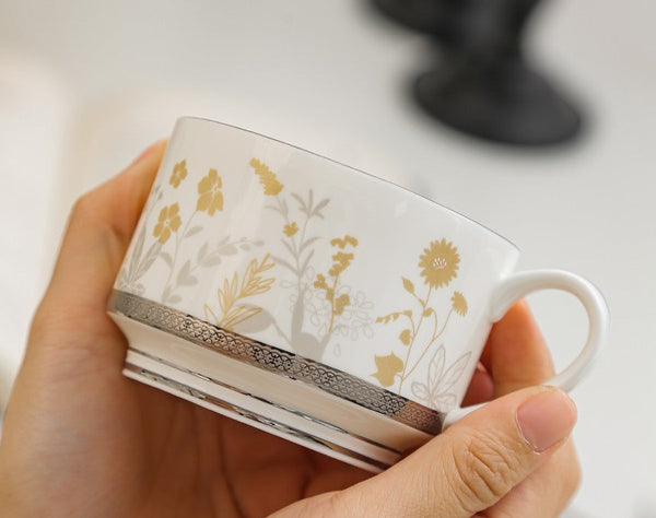 Elegant Flower Ceramic Cups, Beautiful Flower British Tea Cups, Creative Bone China Porcelain Tea Cup Set, Unique Royal Coffee Cup and Saucer-Art Painting Canvas