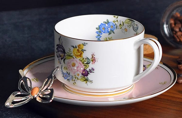 Beautiful Flower British Tea Cups, Creative Bone China Porcelain Tea Cup Set, Elegant Flower Ceramic Cups, Unique Royal Coffee Cup and Saucer-Art Painting Canvas