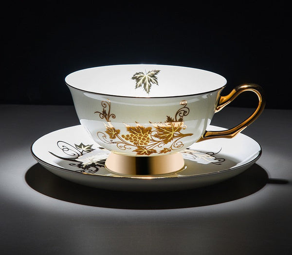 Elegant British Ceramic Coffee Cups, Golden Leaves and Grapes Bone China Porcelain Tea Cup Set, Unique British Tea Cup and Saucer in Gift Box-Art Painting Canvas