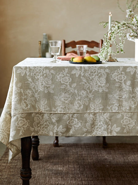 French Flower Pattern Tablecloth for Round Table, Vintage Rectangle Tablecloth for Dining Room Table, Rustic Farmhouse Table Cover for Kitchen-Art Painting Canvas