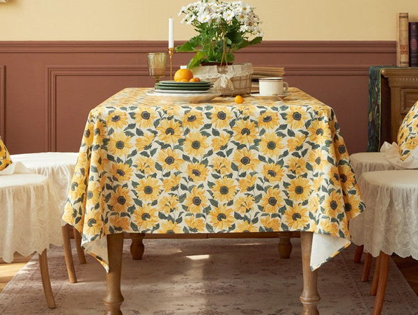 Modern Rectangle Tablecloth for Dining Room Table, Yellow Sunflower Pattern Farmhouse Table Cloth, Square Tablecloth for Round Table-Art Painting Canvas