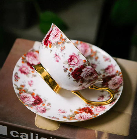 Unique Royal Coffee Cup and Saucer, Elegant Flower Ceramic Cups, Creative Bone China Porcelain Tea Cup Set, Beautiful British Tea Cups-Art Painting Canvas