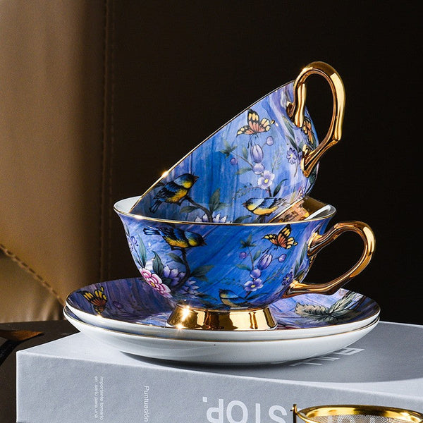 Unique British Tea Cup and Saucer in Gift Box, Blue Bird and Butterfly Bone China Porcelain Tea Cup Set, Elegant British Ceramic Coffee Cups-Art Painting Canvas