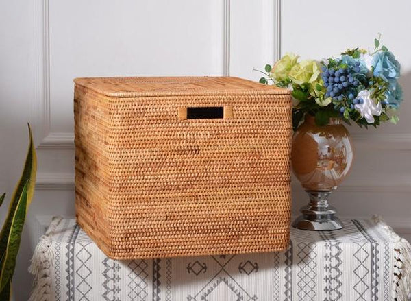 Wicker Storage Baskets for Bathroom, Rattan Rectangular Storage Basket with Lid, Extra Large Storage Baskets for Clothes, Storage Baskets for Bedroom-Art Painting Canvas