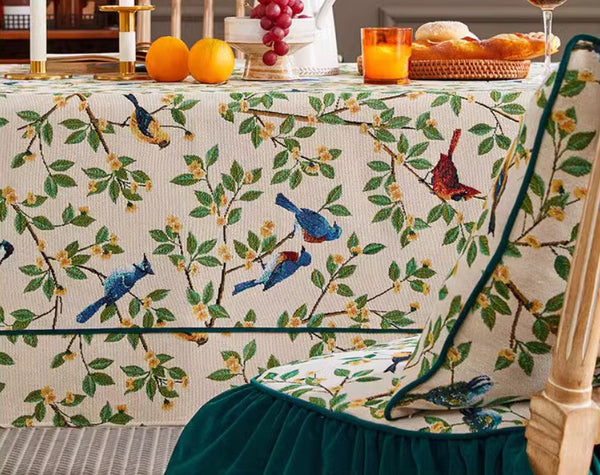 Large Modern Rectangle Tablecloth for Dining Room Table, Bird Flower Pattern Farmhouse Table Cloth, Square Tablecloth for Round Table-Art Painting Canvas