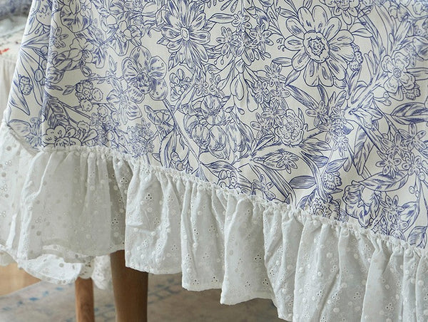 Cotton Rectangle Tablecloth for Dining Room Table, Natural Spring Farmhouse Table Cloth, Blue Flower Pattern Cotton Tablecloth, Square Tablecloth for Round Table-Art Painting Canvas