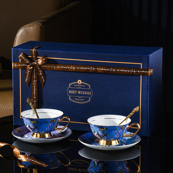 Unique British Tea Cup and Saucer in Gift Box, Blue Bird and Butterfly Bone China Porcelain Tea Cup Set, Elegant British Ceramic Coffee Cups-Art Painting Canvas