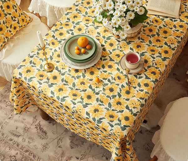 Modern Rectangle Tablecloth for Dining Room Table, Yellow Sunflower Pattern Farmhouse Table Cloth, Square Tablecloth for Round Table-Art Painting Canvas