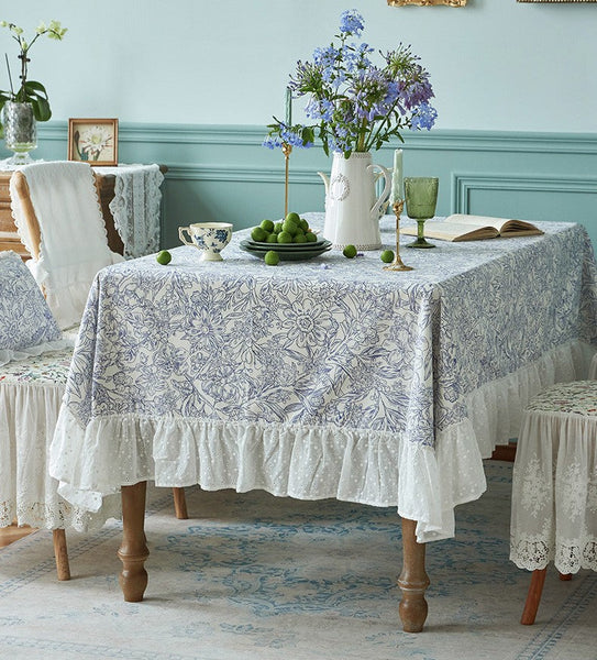 Cotton Rectangle Tablecloth for Dining Room Table, Natural Spring Farmhouse Table Cloth, Blue Flower Pattern Cotton Tablecloth, Square Tablecloth for Round Table-Art Painting Canvas