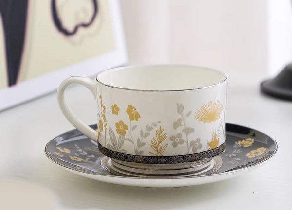 Elegant Flower Ceramic Cups, Beautiful Flower British Tea Cups, Creative Bone China Porcelain Tea Cup Set, Unique Royal Coffee Cup and Saucer-Art Painting Canvas