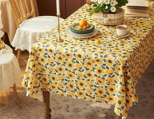 Modern Rectangle Tablecloth for Dining Room Table, Yellow Sunflower Pattern Farmhouse Table Cloth, Square Tablecloth for Round Table-Art Painting Canvas