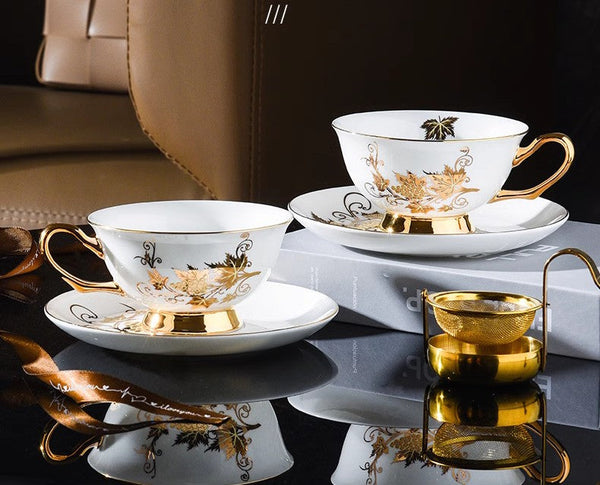 Elegant British Ceramic Coffee Cups, Golden Leaves and Grapes Bone China Porcelain Tea Cup Set, Unique British Tea Cup and Saucer in Gift Box-Art Painting Canvas