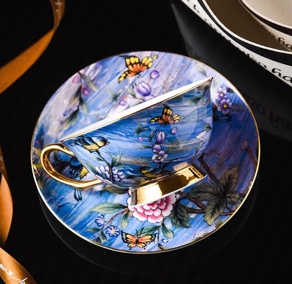 Unique British Tea Cup and Saucer in Gift Box, Blue Bird and Butterfly Bone China Porcelain Tea Cup Set, Elegant British Ceramic Coffee Cups-Art Painting Canvas