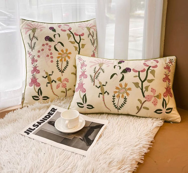 Embroider Flower Cotton Pillow Covers, Spring Flower Decorative Throw Pillows, Farmhouse Sofa Decorative Pillows, Flower Decorative Throw Pillows for Couch-Art Painting Canvas