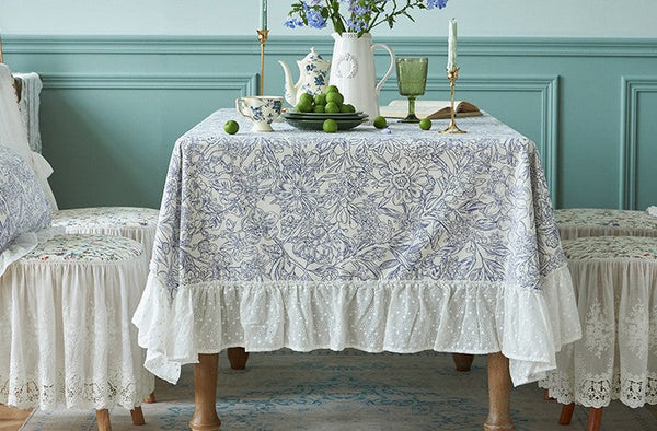 Cotton Rectangle Tablecloth for Dining Room Table, Natural Spring Farmhouse Table Cloth, Blue Flower Pattern Cotton Tablecloth, Square Tablecloth for Round Table-Art Painting Canvas