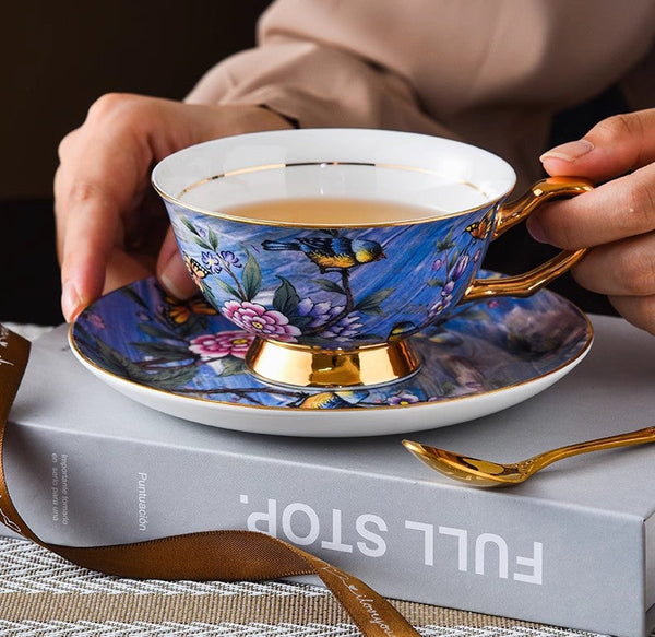 Blue Bird and Butterfly Bone China Porcelain Tea Cup Set, Unique British Tea Cup and Saucer in Gift Box, Elegant British Ceramic Coffee Cups-Art Painting Canvas