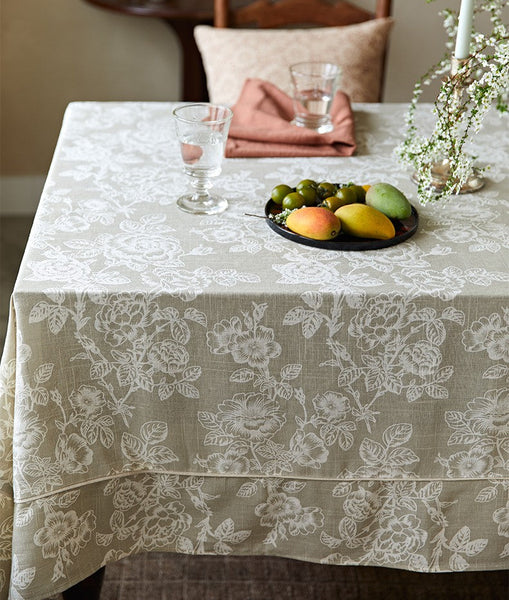 French Flower Pattern Tablecloth for Round Table, Vintage Rectangle Tablecloth for Dining Room Table, Rustic Farmhouse Table Cover for Kitchen-Art Painting Canvas