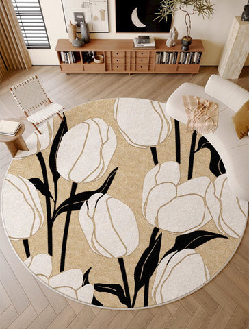 Tulip Circular Modern Rugs under Chairs, Geometric Round Rugs for Dining Room, Bedroom Abstract Modern Area Rugs, Contemporary Modern Rugs for Living Room-Art Painting Canvas