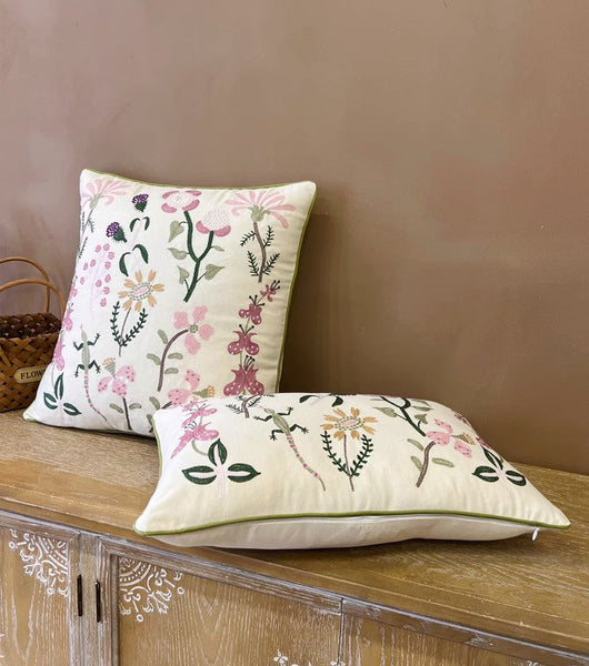 Embroider Flower Cotton Pillow Covers, Spring Flower Decorative Throw Pillows, Farmhouse Sofa Decorative Pillows, Flower Decorative Throw Pillows for Couch-Art Painting Canvas