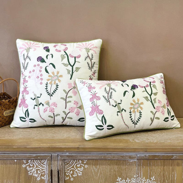 Embroider Flower Cotton Pillow Covers, Spring Flower Decorative Throw Pillows, Farmhouse Sofa Decorative Pillows, Flower Decorative Throw Pillows for Couch-Art Painting Canvas