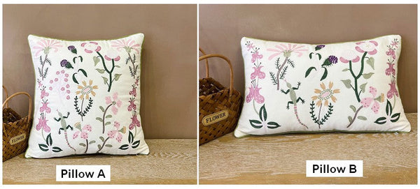 Embroider Flower Cotton Pillow Covers, Spring Flower Decorative Throw Pillows, Farmhouse Sofa Decorative Pillows, Flower Decorative Throw Pillows for Couch-Art Painting Canvas