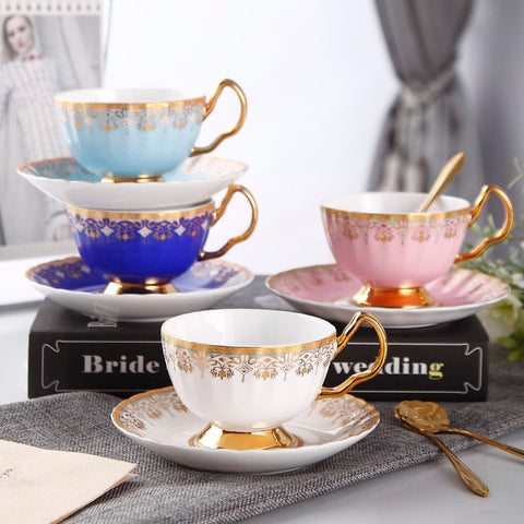 Pink Blue White Bone China Porcelain Tea Cup Set, Unique British Tea Cup and Saucer in Gift Box, Elegant British Ceramic Coffee Cups for Afternoon Tea-Art Painting Canvas