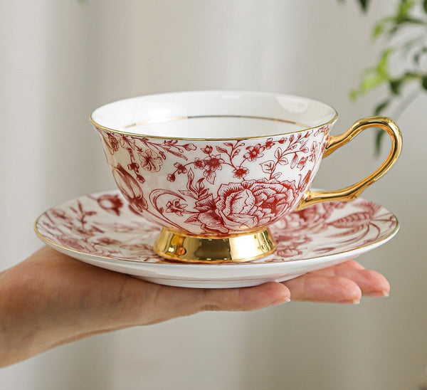 Creative Bone China Porcelain Tea Cup Set, Beautiful British Tea Cups, Elegant Flower Ceramic Cups, Unique Royal Coffee Cup and Saucer-Art Painting Canvas