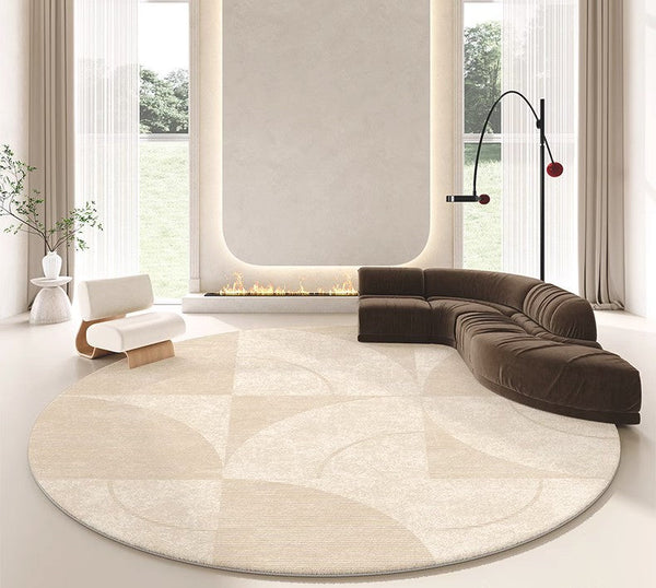 Contemporary Modern Rugs for Bedroom, Abstract Geometric Round Rugs under Sofa, Cream Color Rugs under Coffee Table, Dining Room Modern Rugs-Art Painting Canvas