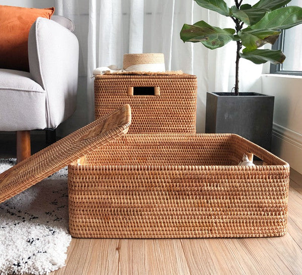 Rattan Rectangular Storage Basket with Lid, Extra Large Storage Baskets for Clothes, Storage Baskets for Bedroom, Woven Storage Baskets for Living Room-Art Painting Canvas