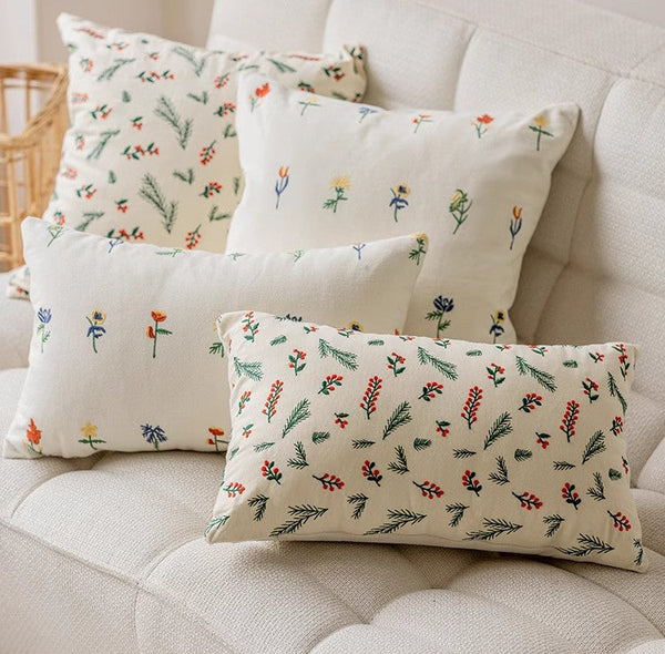 Embroider Flower Cotton Pillow Covers, Spring Flower Decorative Pillows for Bedroom, Decorative Pillows for Couch, Farmhouse Decorative Pillows for Sofa-Art Painting Canvas