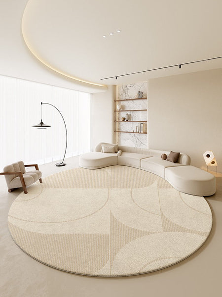 Geometric Circular Rugs for Dining Room, Cream Color Contemporary Modern Rugs, Modern Rugs under Coffee Table, Abstract Modern Round Rugs for Bedroom-Art Painting Canvas