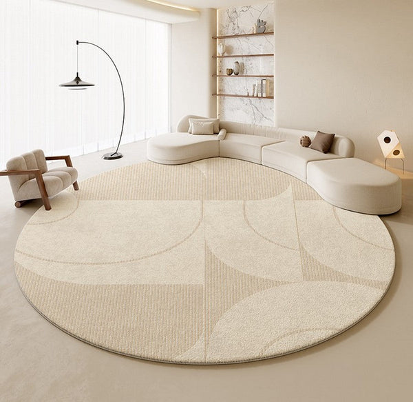 Modern Rugs under Coffee Table, Abstract Modern Round Rugs for Bedroom, Geometric Circular Rugs for Dining Room, Cream Color Contemporary Modern Rugs-Art Painting Canvas