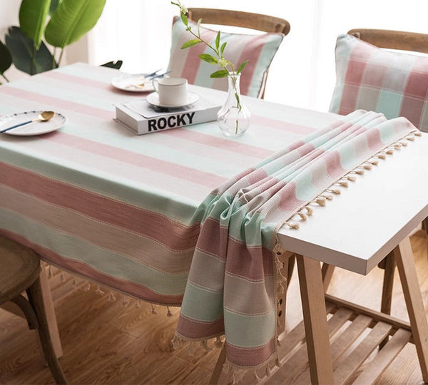 Pink Stripe Cotton and Linen Tablecloths, Rectangular Tablecloth for Oval Table, Rectangular Table Covers for Coffee Table, Modern Table Cloths for Dining Room-Art Painting Canvas