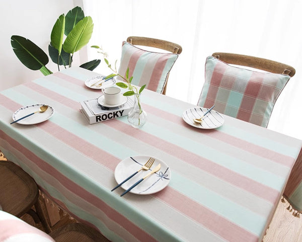 Pink Stripe Cotton and Linen Tablecloths, Rectangular Tablecloth for Oval Table, Rectangular Table Covers for Coffee Table, Modern Table Cloths for Dining Room-Art Painting Canvas