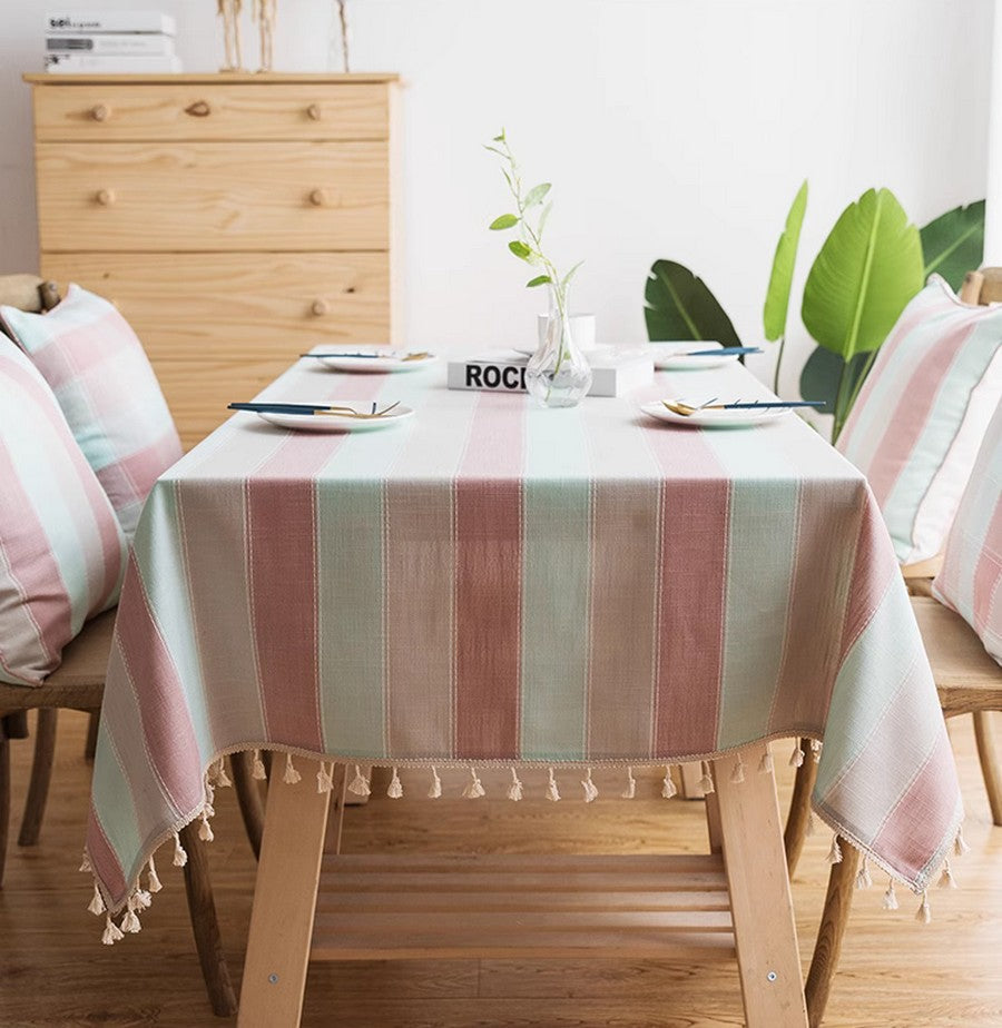 Pink Stripe Cotton and Linen Tablecloths, Rectangular Tablecloth for Oval Table, Rectangular Table Covers for Coffee Table, Modern Table Cloths for Dining Room-Art Painting Canvas