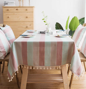 Pink Stripe Cotton and Linen Tablecloths, Rectangular Tablecloth for Oval Table, Rectangular Table Covers for Coffee Table, Modern Table Cloths for Dining Room-Art Painting Canvas