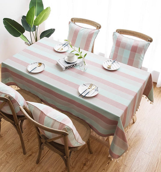 Pink Stripe Cotton and Linen Tablecloths, Rectangular Tablecloth for Oval Table, Rectangular Table Covers for Coffee Table, Modern Table Cloths for Dining Room-Art Painting Canvas