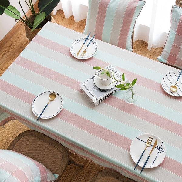 Pink Stripe Cotton and Linen Tablecloths, Rectangular Tablecloth for Oval Table, Rectangular Table Covers for Coffee Table, Modern Table Cloths for Dining Room-Art Painting Canvas