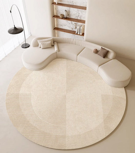 Dining Room Modern Rugs, Cream Color Round Rugs under Coffee Table, Large Modern Rugs in Living Room, Contemporary Circular Rugs in Bedroom-Art Painting Canvas