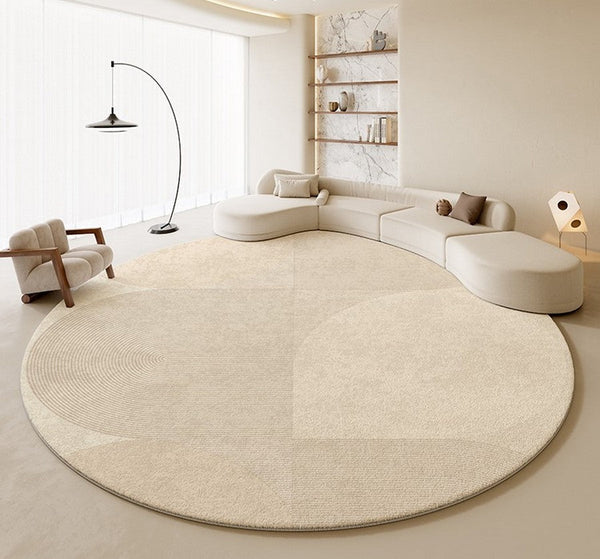 Modern Rugs for Living Room, Contemporary Cream Color Rugs for Bedroom, Circular Modern Rugs under Chairs, Geometric Round Rugs for Dining Room-Art Painting Canvas