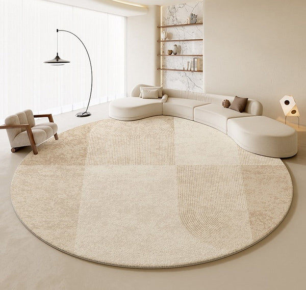 Modern Round Rugs under Coffee Table, Circular Rugs for Dining Table, Abstract Contemporary Rugs for Bedroom, Modern Cream Color Rugs for Living Room-Art Painting Canvas