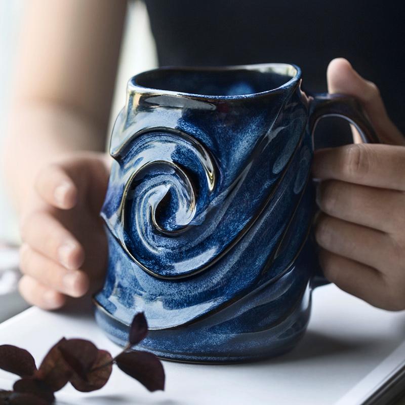 Blue Ceramic Coffee Mug, Stoneware Coffee Mugs, Large Capacity Coffee Cups, Birthday Gifts, Handmade Pottery Coffee Mug-Art Painting Canvas